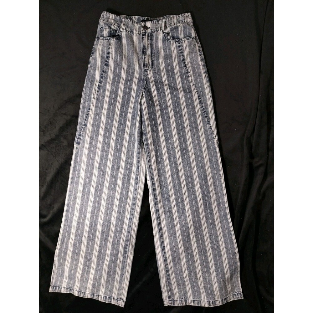 VICI Women's Blue Striped 100% Cotton Wide-Leg Pants, Relaxed Fit- Small